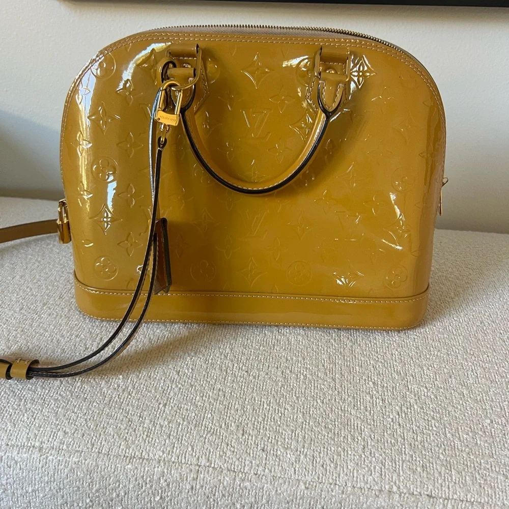 Authentic Louis Vuitton Monogram Vernis Alma Handbag – Mustard/Golden Yellow